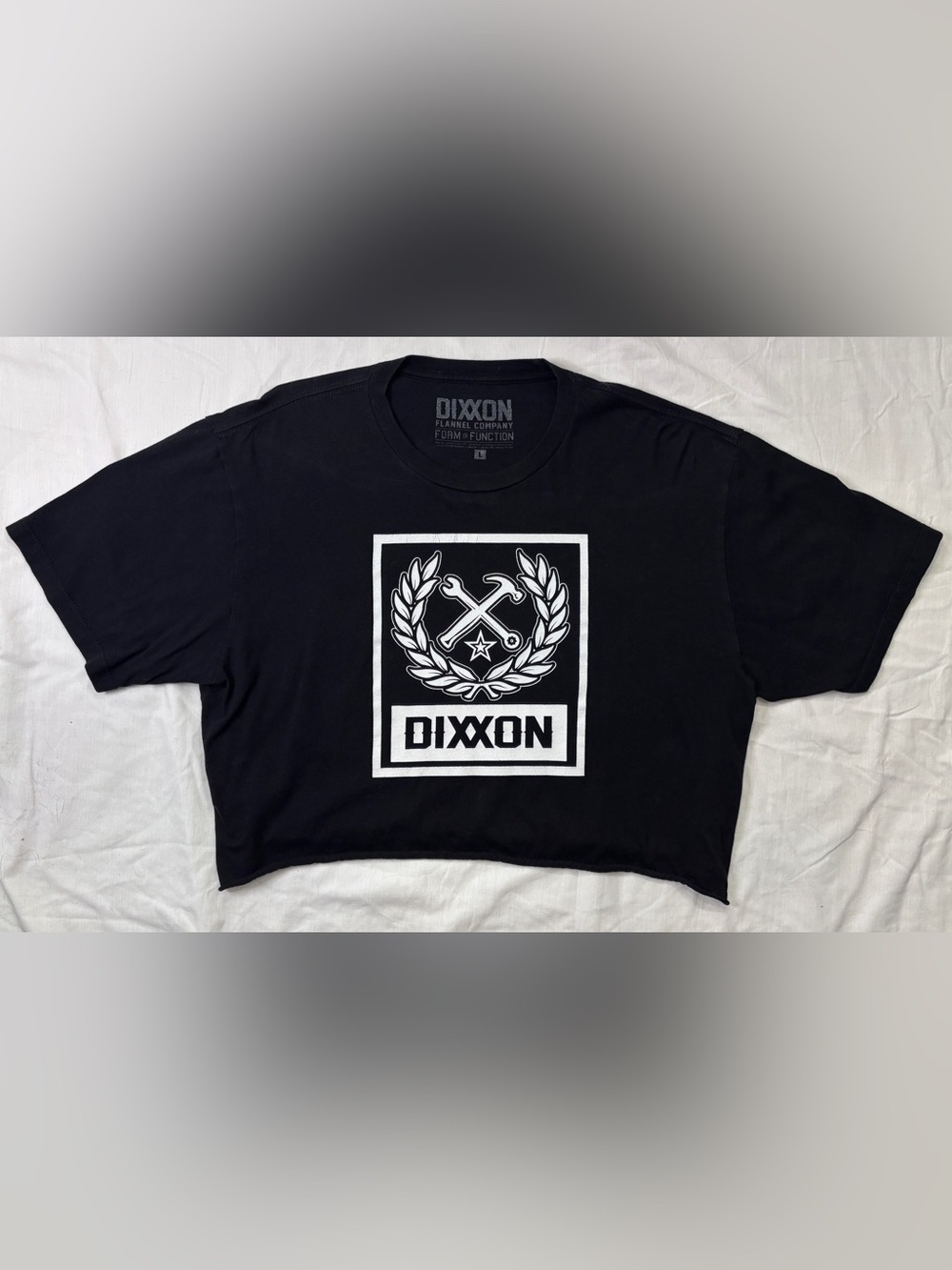 DIXXON Black Cropped Tee with White Crest Logo